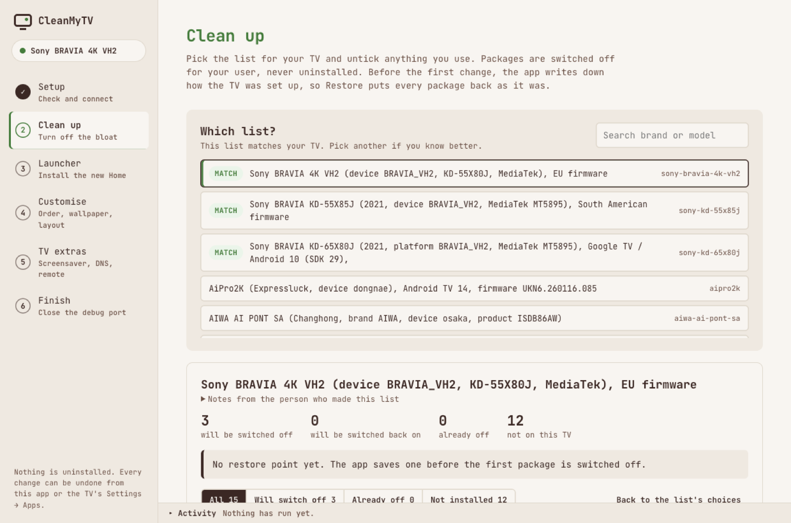 Screenshot asli aplikasi CleanMyTV: langkah Clean up, daftar paket yang cocok dengan Sony BRAVIA