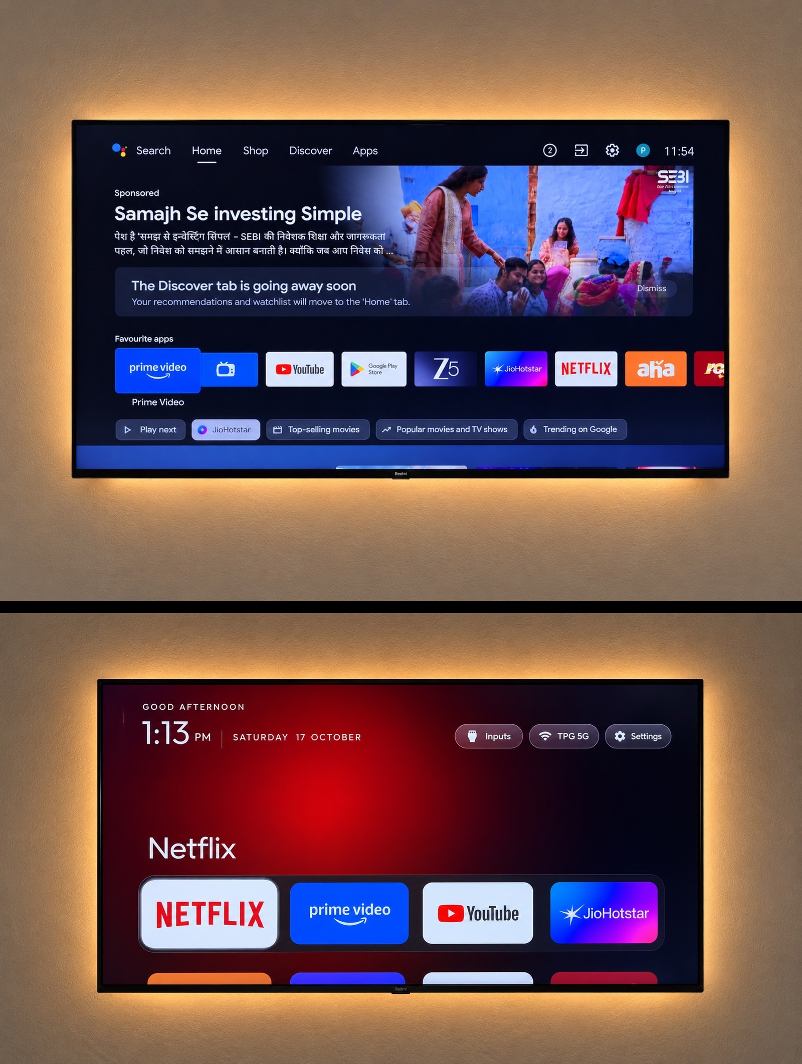 Foto asli: layar Home TV sebelum (ada iklan sponsor) dan sesudah (launcher bersih) — dari repo CleanYourTV