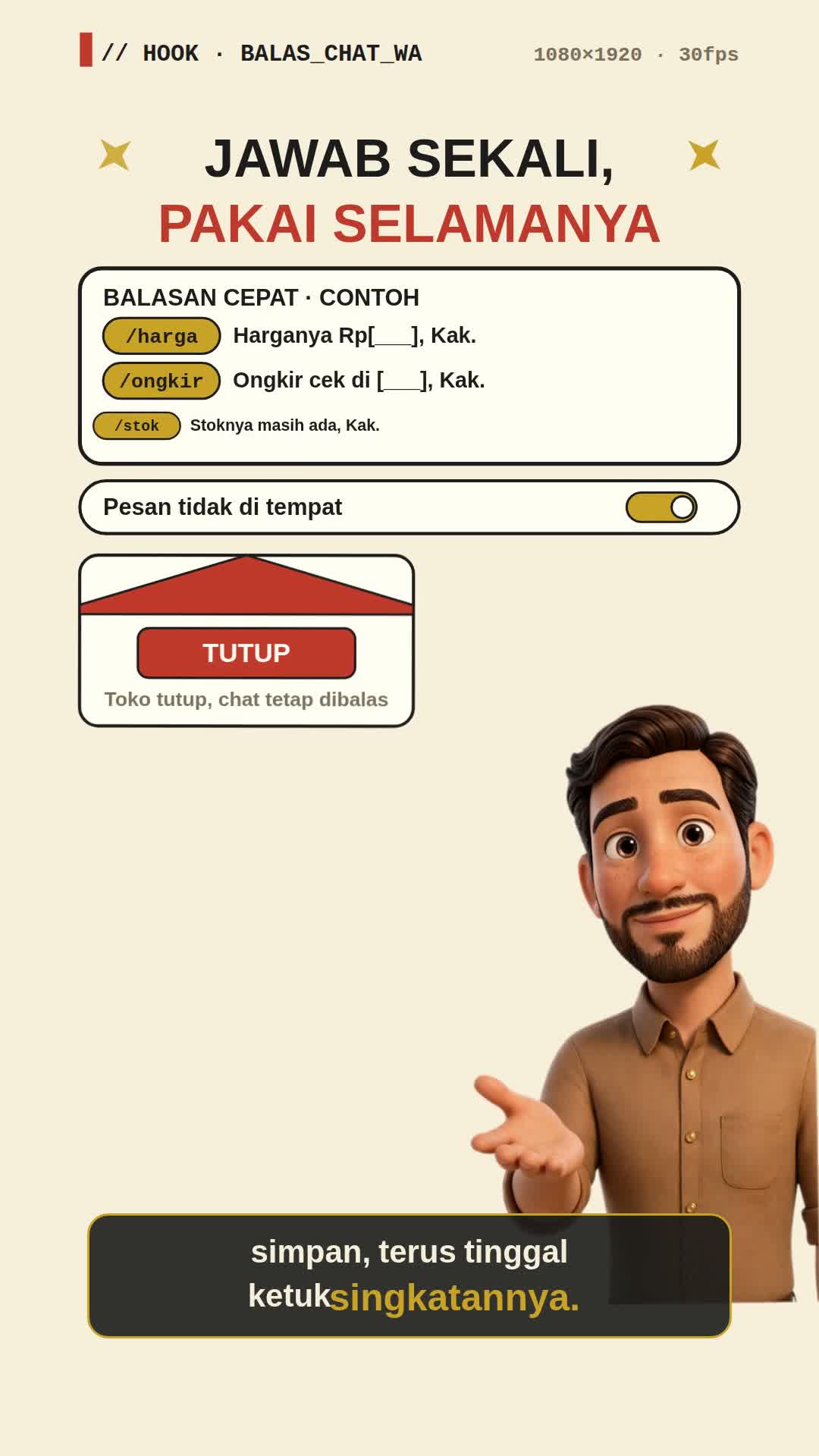 Cover video: daftar balasan cepat WhatsApp Business dengan pertanyaan Harga, Ongkir, dan Stok