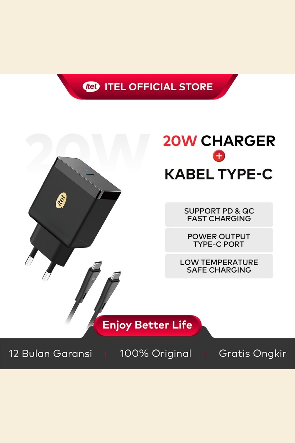 itel Charger 20W Fast Charging β Kepala + Kabel Type-C Sekaligus β gambar produk