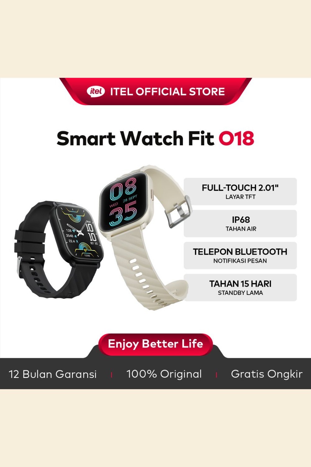 itel O18 Smartwatch β Layar 2.01 Inci, IP68, Bisa Telepon Bluetooth β gambar produk