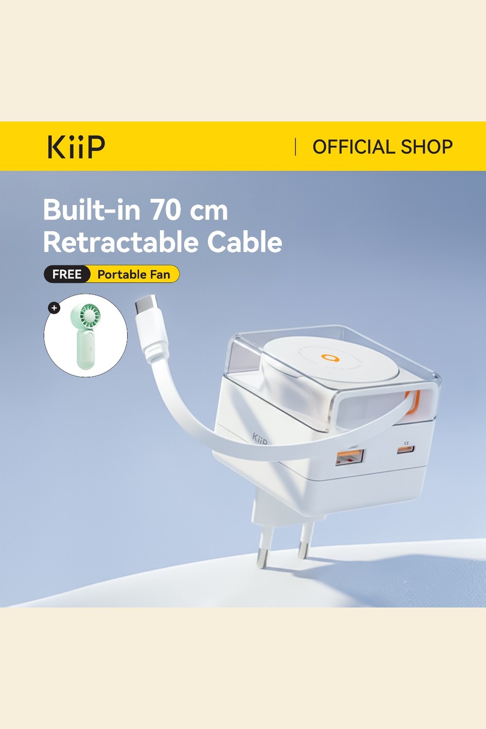 KiiP IC65 GaN 65W β Satu Charger untuk HP & Laptop, Kabel Retractable β gambar produk