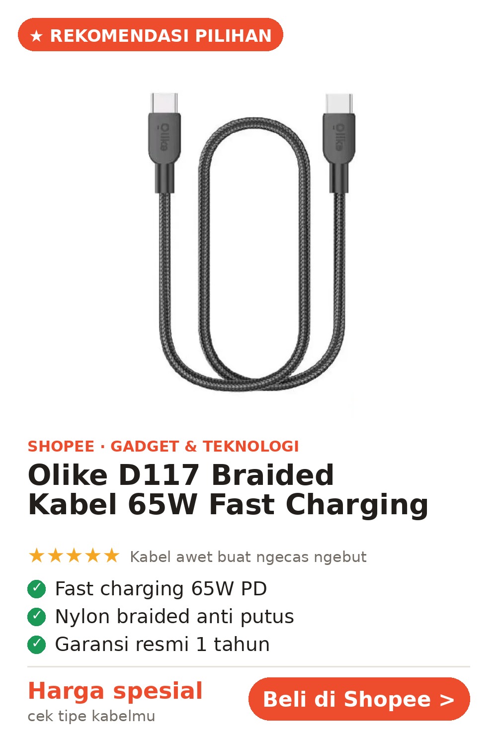 Olike D117 — Kabel Braided 65W Anti Putus, Ngecas Ngebut — gambar Pin Pinterest