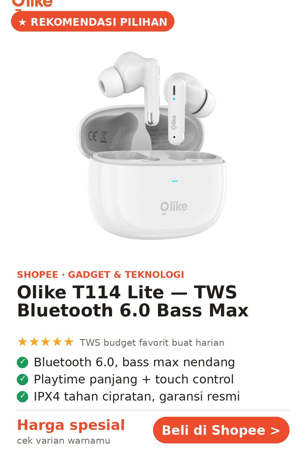 Olike T114 Lite — TWS Bluetooth 6.0, Bass Nendang, Garansi Resmi — gambar Pin Pinterest