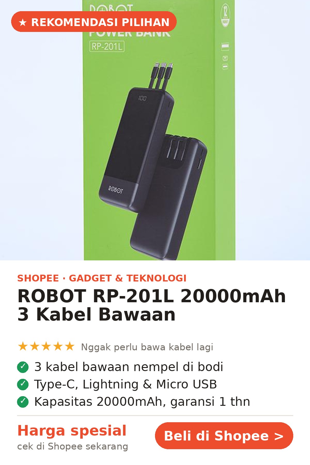 ROBOT RP-201L — Powerbank 20000mAh dengan 3 Kabel Bawaan — gambar Pin Pinterest