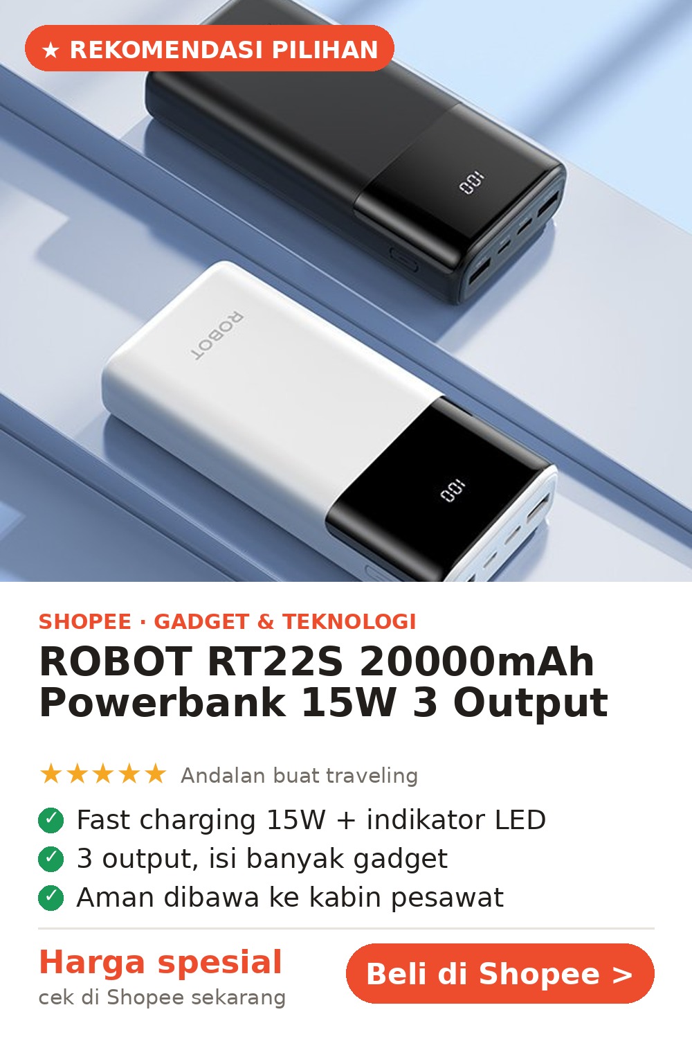 ROBOT RT22S 20000mAh — Powerbank 3 Output, Aman Dibawa ke Kabin — gambar Pin Pinterest