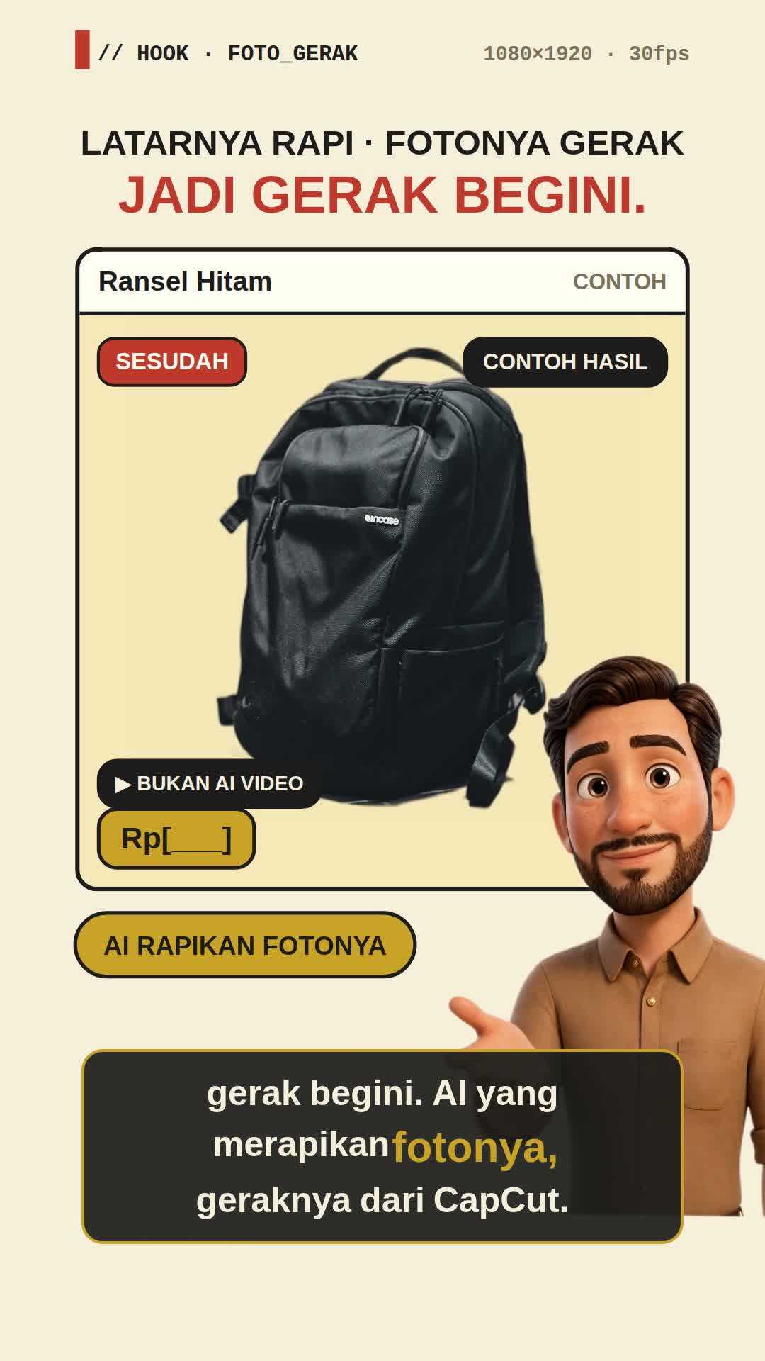 Cover video: ransel hitam yang sudah dirapikan AI, siap dijadikan video produk bergerak